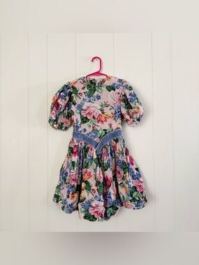 Vintage Handmade Girls Floral Puff Sleeve Dress in Pink Combo Puff Sleeve Sz 6